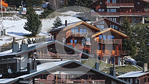 Aerial panoramic view of the Verbier ski resort town in Switzerland.