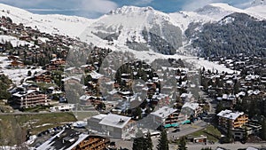 Aerial panoramic view of the Verbier ski resort town in Switzerland.