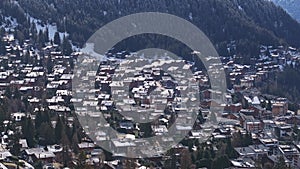 Aerial panoramic view of the Verbier ski resort town in Switzerland.