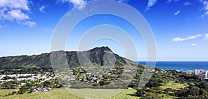 Aerial panoramic view of Waikiki`s famous volcano backdrop, Diamond Head