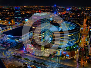 Aerial panoramic view at Warsaw downtown by night, from the top of Palace of Culture and Science, Warsaw, Poland