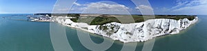 Aerial panoramic view of white cliffs, ferry port of Dover