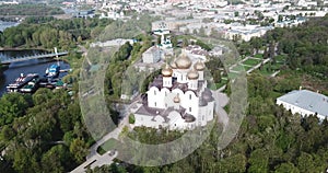 Aerial panoramic view of Yaroslavl cityscape with old Assumption Cathedral on sunny summer day, Russia