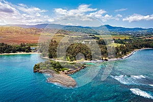 Aerial panoramic of waves of Indian Ocean and turquoise coral reef, Poste Lafayette, East coast, Mauritius. Turquoise coral reef photo