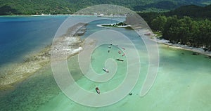 Aerial Paradise Hills Chain Island Shore View. Tropical Island Landscape Sandy Beach Clear Water