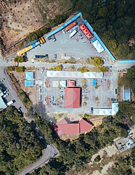 Aerial of a parking space in the National Park Kuala Tahan village.