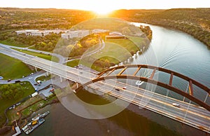 Aerial Pennybacker Bridge or 360 Bridge Austin Texas Landscape Over Colorado River Town Lake photo