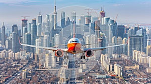 Aerial perspective of airplane above vast cityscape, highlighting immense urban scale photo