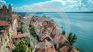 Aerial perspective of an ancient town with remarkable architecture and serene lake view