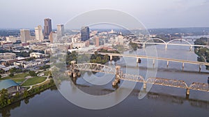 Aerial Perspective of the Arkansas River flowing through Capitol city Little Rock