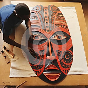 Aerial Perspective Artwork Inspired By Ugandan Wooden Mask On Linen