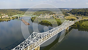 Aerial Perspective Barge Transportation Over Gallipolis Waterfront along the Ohio River