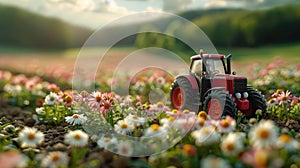 an aerial perspective captures a farmland in full bloom, with a tractor diligently working the fields, rendered in high