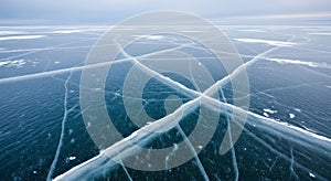 Stunning Aerial View of Thick Blue Ice Surface with Deep Cracks and Frost Patterns