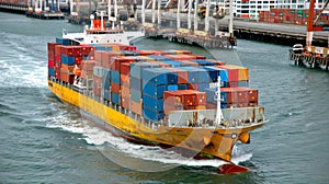 Aerial perspective of cargo vessel with colorful containers crossing massive commercial bridge