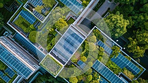 Aerial perspective of a green roof with solar panels on a corporate building, reflecting sustainable integration in