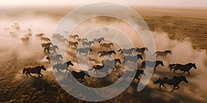 Aerial Perspective: Herd of Horses Galloping Across Dusty Steppe Field. Concept Animals, Wildlife,