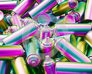 Aerial Perspective on Huge Pile of Completely Iridescent Blank Spray Paint Cans