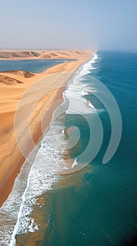 An aerial perspective of a long sandy beach stretching along the African coastline, meeting the vast blue ocean