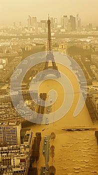 Aerial perspective of Paris featuring the iconic Eiffel Tower in a cityscape flooded by sand and water, highlighting the