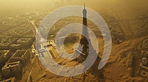 Aerial perspective of Paris featuring the iconic Eiffel Tower in a cityscape flooded by sand and water, highlighting the
