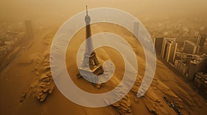 Aerial perspective of Paris featuring the iconic Eiffel Tower in a cityscape flooded by sand and water, highlighting the