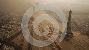 Aerial perspective of Paris featuring the iconic Eiffel Tower in a cityscape flooded by sand and water, highlighting the