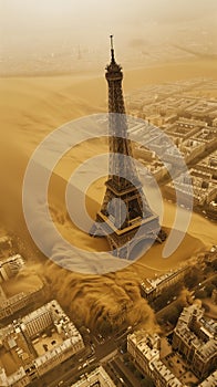 Aerial perspective of Paris featuring the iconic Eiffel Tower in a cityscape flooded by sand and water, highlighting the