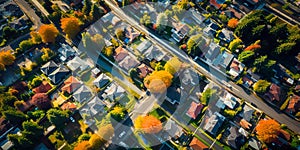 aerial perspective of a peaceful suburban neighborhood, with houses, parks, and tree-lined streets. Generative AI