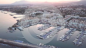 Aerial perspective of `Puerto Banus` Bay in Marbella, Spain. Luxury travel destination famous for expensive lifestyle and shopping