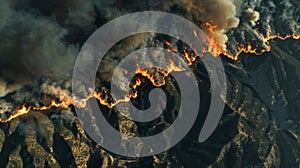 Aerial perspective of a raging fire engulfing the mountains, showing billowing smoke and flames spreading rapidly
