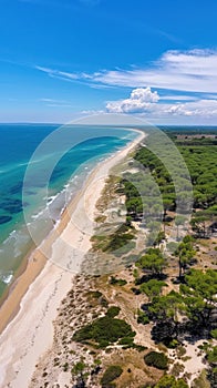 Aerial perspective showing a long sandy beach stretching towards the ocean, with waves crashing onto the shore