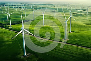 An aerial perspective showing several wind turbines, towering over a lush green field, Hundreds of wind turbines in a field