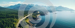 Aerial perspective of a winding section of the Sea to Sky Highway, showcasing the road's integration with the