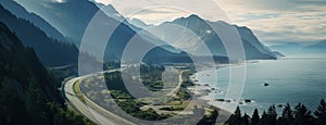 Aerial perspective of a winding section of the Sea to Sky Highway, showcasing the road's integration with the