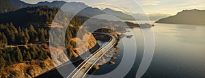 Aerial perspective of a winding section of the Sea to Sky Highway, showcasing the road's integration with the