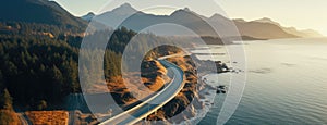 Aerial perspective of a winding section of the Sea to Sky Highway, showcasing the road's integration with the