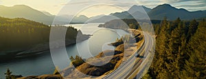 Aerial perspective of a winding section of the Sea to Sky Highway, showcasing the road's integration with the