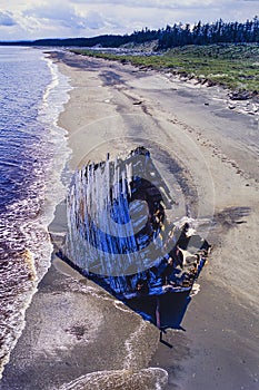 An aerial of the Pesuta shipwreck on Haida Gwaii, British Columbia, Canada