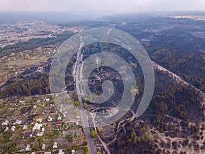 Aerial pfoto with drone of destroyed houses after the fire in Ukraine