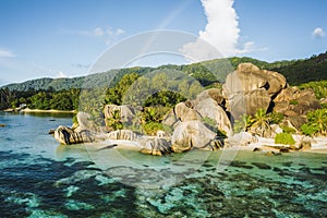 Aerial photo of amazing granite Rocks on beautiful paradise tropical beach Anse Source D Argent at La Digue island