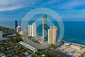 Aerial photo Armani Casa luxury beachfront skyscraper in Sunny Isles Beach Florida