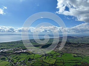 Aerial photo of Barnevave and Slieve Foye Mountains Glenmore Valley Cooley Peninsula Carlingford Lough Louth Irish Sea Ireland