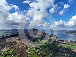 Aerial photo of Barnevave and Slieve Foye Mountains Glenmore Valley Cooley Peninsula Carlingford Lough Louth Irish Sea Ireland