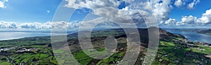 Aerial photo of Barnevave and Slieve Foye Mountains Glenmore Valley Cooley Peninsula Carlingford Lough Louth Irish Sea Ireland