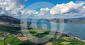 Aerial photo of Barnevave and Slieve Foye Mountains Glenmore Valley Cooley Peninsula Carlingford Lough Louth Irish Sea Ireland