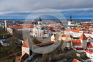 Aerial photo of beautiful old town of Tallinn, Estonia including Toompea, Alexander Nevsky Cathedral