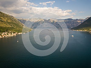 Aerial photo of a blue sea in Kotor bay Montenegro