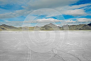 Aerial photo of Bonneville Salt Flats speedway showing a lot of tire marks