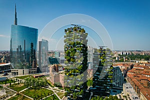 Aerial photo of Bosco Verticale, Vertical Forest in Milan, Porta Nuova district